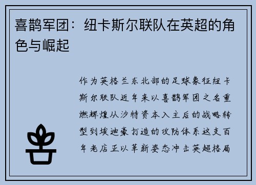 喜鹊军团：纽卡斯尔联队在英超的角色与崛起